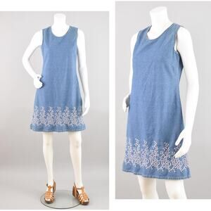 Vintage Jean Dress, Embroidered Floral Pinafore Jumper, Women's Small